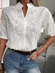 2024 Spring Embroidery Women Blouse Fashion Summer V-neck Lantern Sleeve White Shirt Woman Vintage Cotton Hollow-out Tops 24350