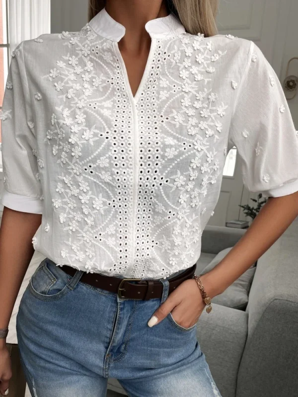 2024 Spring Embroidery Women Blouse Fashion Summer V-neck Lantern Sleeve White Shirt Woman Vintage Cotton Hollow-out Tops 24350