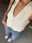 TRAFZA Fashion Women Vest Sleeveless Vests for Women Chic V-Neck Single-Breasted Ladies Elegant White Waistcoat Tops