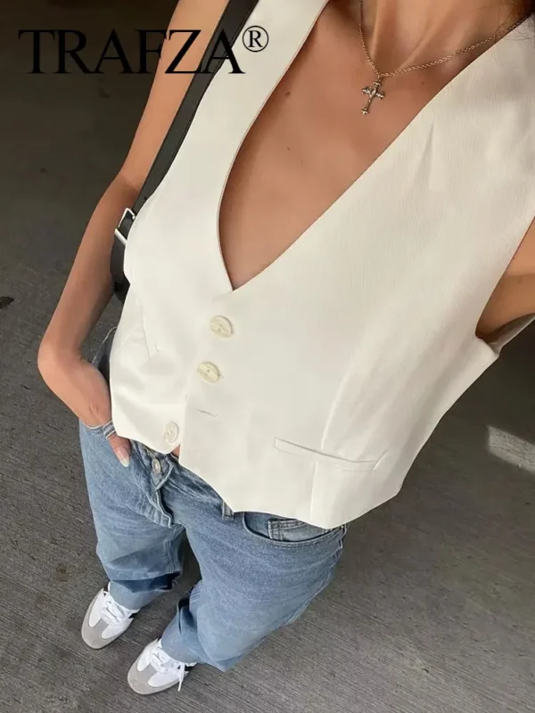 TRAFZA Fashion Women Vest Sleeveless Vests for Women Chic V-Neck Single-Breasted Ladies Elegant White Waistcoat Tops
