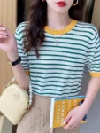 2025 Stripe Tops Women Knitted Round Collar Summer Print Short Sleeve Casual Simple Wild T-Shirt