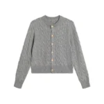 2024 Vintage Long Sleeve Cardigan Women Sweater O-neck Elegant Knitted Top Fashion Autumn Grey Knitwear