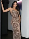 TRAFZA 2024 Women Summer Vintage Leopard Print Dress Sleeveless Backless Suspender Female Slim Casual Beach Party Long Dress