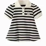 Summer Girl Dress Bear Embroidered Polo Neck Dresses Striped A-line Skirt Princess Skirt Soft and Comfortable Children Clothes