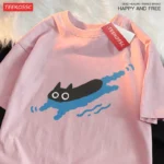 Couple Tees Swimming Black Cat Diving Shoulder Short Sleeved T-shirt For Men Women Breathable Casual Pure Cotton Loose Tops