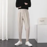 Fashion Men Casual Pants Elastic Waist Small Feet Slim Korean Style Pleated Tapered Male Blazer Pants Trousers Streetwear