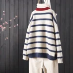 Autumn And Winter New Stripes Color Matching Button Round Neck Knitted Cardigan Women Long-sleeved Sweater All-match