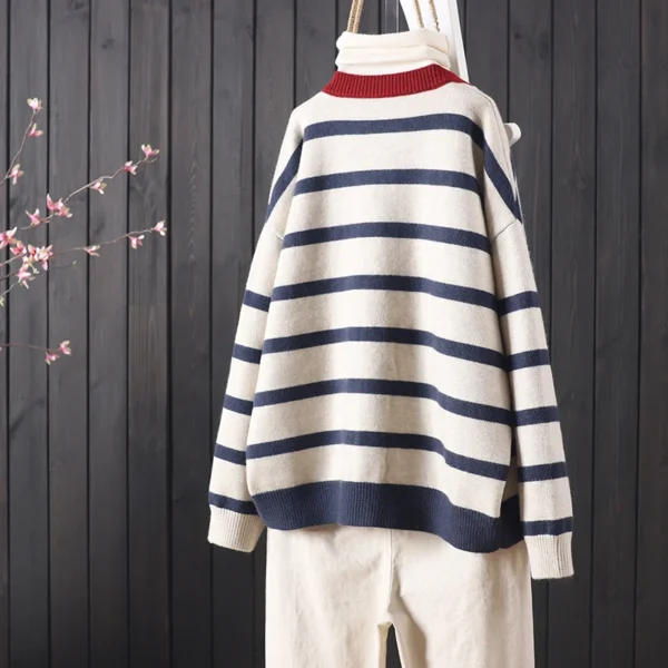 Autumn And Winter New Stripes Color Matching Button Round Neck Knitted Cardigan Women Long-sleeved Sweater All-match