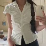 CIBBAR Vintage Folds Crop Top White Button Up Short Sleeve Blouse Women Bandage Korean Fashion T-shirt Casual Streetwear y2k Tee