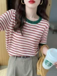 2025 Stripe Tops Women Knitted Round Collar Summer Print Short Sleeve Casual Simple Wild T-Shirt