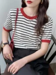2025 Stripe Tops Women Knitted Round Collar Summer Print Short Sleeve Casual Simple Wild T-Shirt