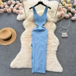 Women V Neck Solid Ribben Knitted Dresses Casual All Match Slimple Sexy Package Hips Bodycon Dress Elegant Vestidos Streetwear
