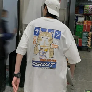 Harajuku Cat Cartoon Eating Noodles Graphic Men Women Tshirts Casual Short Sleeve Tees Japan Style Oversized T Shirt Clothing