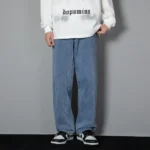 Korean Solid Colors Men's Casual Long Jeans Classic Man Four Seasons Straight Denim Wide-leg Pants Light Blue Grey Black 3XL