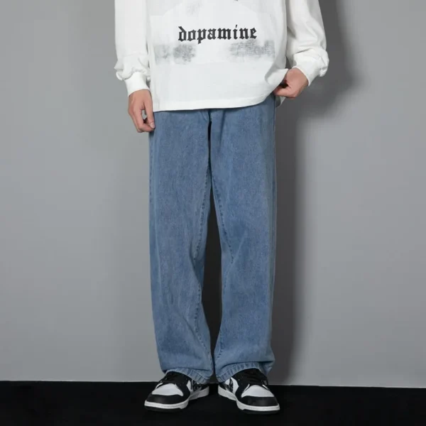 Korean Solid Colors Men's Casual Long Jeans Classic Man Four Seasons Straight Denim Wide-leg Pants Light Blue Grey Black 3XL