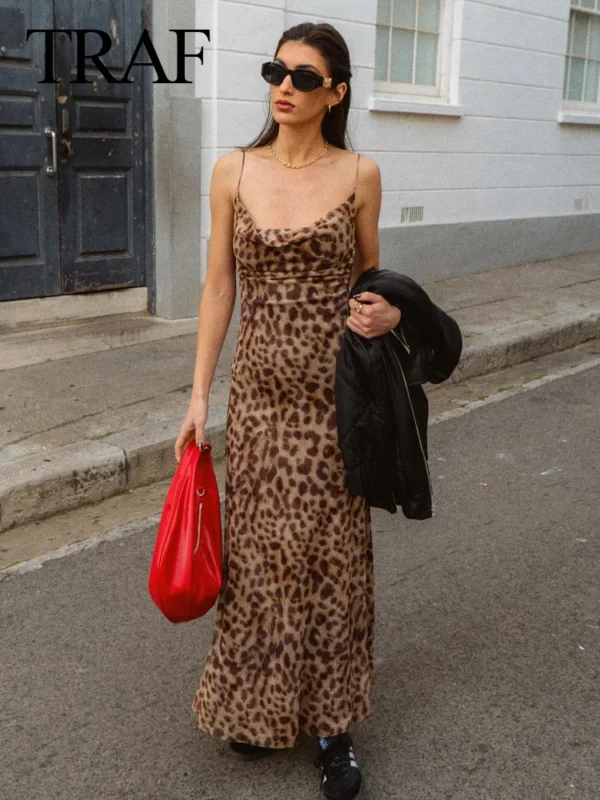 TRAFZA 2024 Women Summer Vintage Leopard Print Dress Sleeveless Backless Suspender Female Slim Casual Beach Party Long Dress