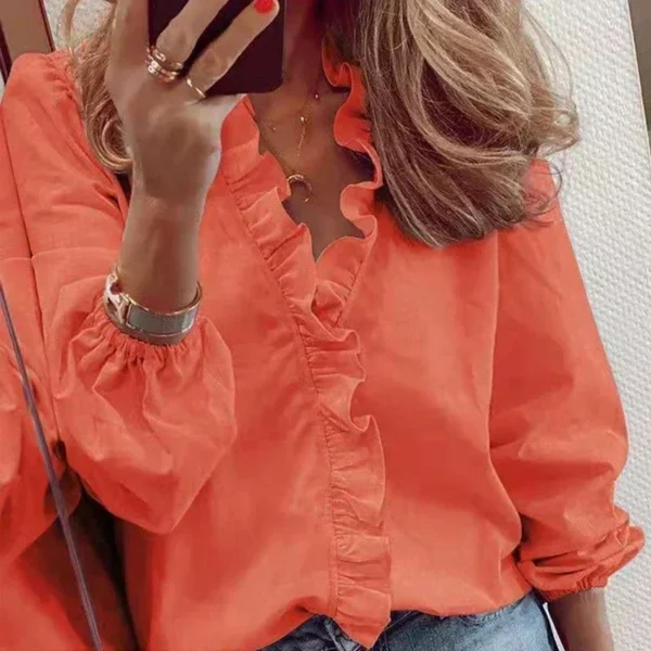 2024 Vintage Ruffles Women Blouses Autumn Long Sleeve Office Lady Elegant Tops Cotton Casual Tops V-neck Shirt Clothing