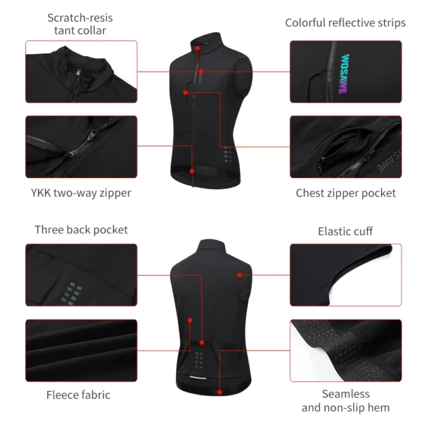WOSAWE Thermal Winter Cycling Vest Windproof Bike Jacket Sleeveless Windbreaker Back Pockets for Men and Women