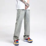 Men's clothing # American vibe style yellow mud dyed cross jeans men's ins embroidered high street wide leg long pants