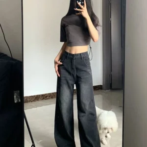 Korean Vintage High Waist Women's Jeans Y2K Slimming Pear-Shaped Loose Straight Bell Bottoms Black Gray Baggy Denim Trousers