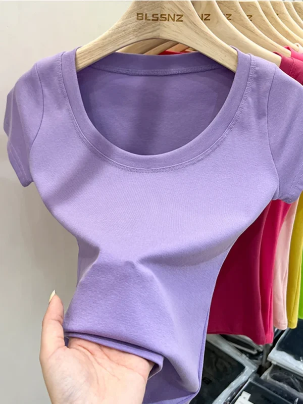 2025 Sexy Square Collar Slim T Shirt Women Cotton Elastic Basic Solid Female Casual Tops Short Sleeve Thin T-shirts See Through