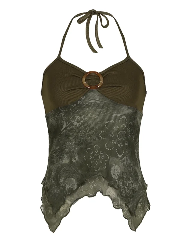 Rockmore Boho Vintage Print Mesh Patchwork Crop Top Women V Neck Camis Y2K Streetwear Female Coquette Aesthetic Clothes 2024