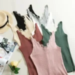 1Pc Women's Vest Lace Top V-neck Solid Knit Tank Ladies Sleeveless Fashion Lace Patchwork Slim Sexy Suspenders Summer