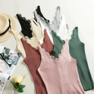 1Pc Women's Vest Lace Top V-neck Solid Knit Tank Ladies Sleeveless Fashion Lace Patchwork Slim Sexy Suspenders Summer