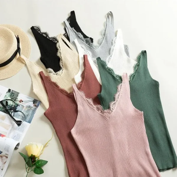 1Pc Women's Vest Lace Top V-neck Solid Knit Tank Ladies Sleeveless Fashion Lace Patchwork Slim Sexy Suspenders Summer