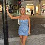 HXAO Women Blue Sequined Denim 2 Piece Sets Sexy Strapless Top Stylish Woman Mini Skirt Sets Tweed Set Summer Nightclub Outfits