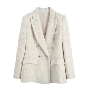 TRZA Women Fashion Tweed Double Breasted Blazer Coat Vintage Long Sleeve Flap Pockets Female Outerwear Chic Veste Femme