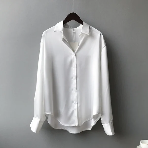 Spring Fashion Button Up Satin Silk Shirt Vintage Blouse Women White Tops Lady Long Sleeves Female Loose Street Shirts 11355