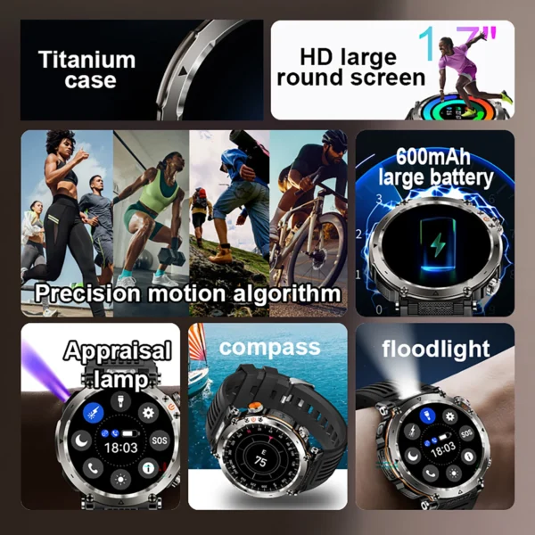 5ATM Outdoor Smart Watch Men 600mAh LED Flashlight SmartWatch Compass Bluetooth call Heart rate IP 68 Sports Smartwatch 2025 New