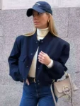 TRZA Women Fashion With Pockets Bomber Jacket Coats Vintage Long Sleeve Front Button Casual Female Outerwear Chic Tops