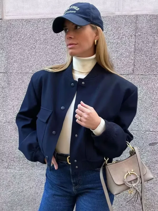 TRZA Women Fashion With Pockets Bomber Jacket Coats Vintage Long Sleeve Front Button Casual Female Outerwear Chic Tops
