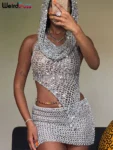Weird Puss Sequins Women 2piece Set Sexy See Through Irregular Backless Hooded Tank Tops+Peach Hip Skirts Midnight Clubwear Suit