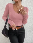 2025 Autumn Winter Women Solid Rib Knit V Neck Stripe Pull Sweater Femme Y2k Long Sleeve Pullover Jersey Tops Fashion Clothes