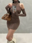 2025 Summer New Mini Dresses Fashion Women's Slim Fitting High Neck Red Solid Basic Bodycon Casual Evening Party Club Vestidos