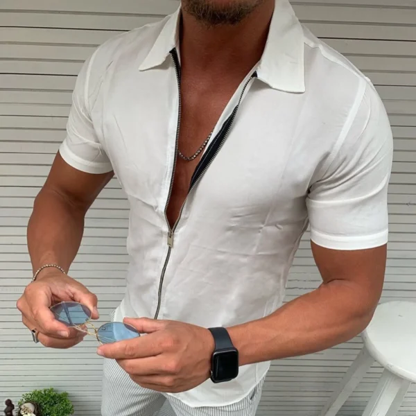 Men's Light Business Office Casual Zipper Short Sleeve Shirt Slim Fit Solid Color Lapel Cardigan Fashion Tops