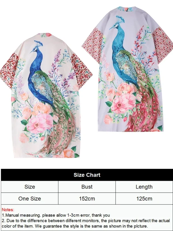 Women Casual Beach Kimono Cover-Up with Peacock Print Long Cardigan Style with Belt Animal Pattern Sun Protection Outerwear