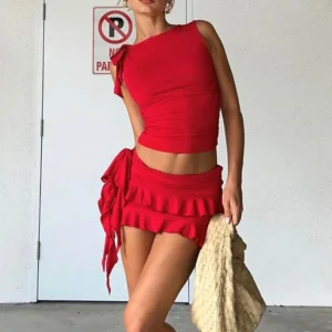 Weird Puss Women 2Piece Set Double-Deck Pleated Tassel Mini Skirt+Bandage Slim Tank Top Festival Party Sexy Matching Outfits