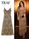 TRAFZA 2024 Women Summer Vintage Leopard Print Dress Sleeveless Backless Suspender Female Slim Casual Beach Party Long Dress