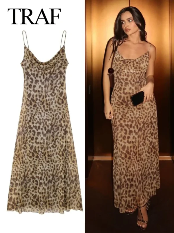 TRAFZA 2024 Women Summer Vintage Leopard Print Dress Sleeveless Backless Suspender Female Slim Casual Beach Party Long Dress