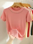 2025 Korea Knitted T-shirt Women Top Solid Tank Y2K Summer New Fashion Female Sleeveless Beading Casual Thin Tops
