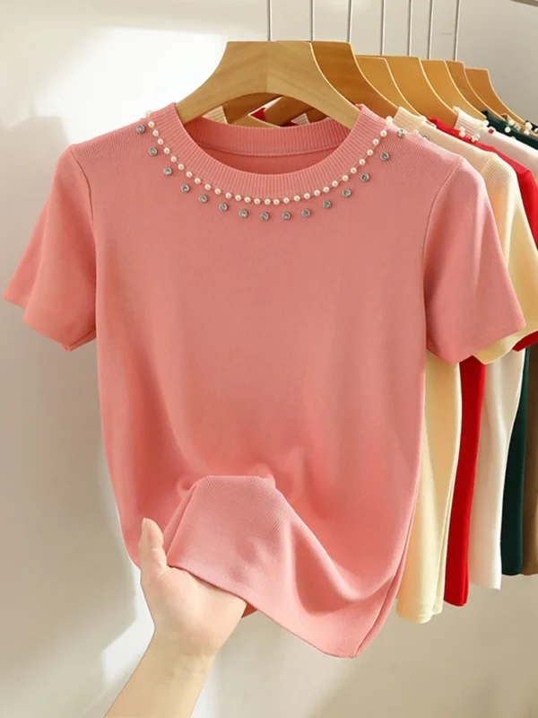 2025 Korea Knitted T-shirt Women Top Solid Tank Y2K Summer New Fashion Female Sleeveless Beading Casual Thin Tops