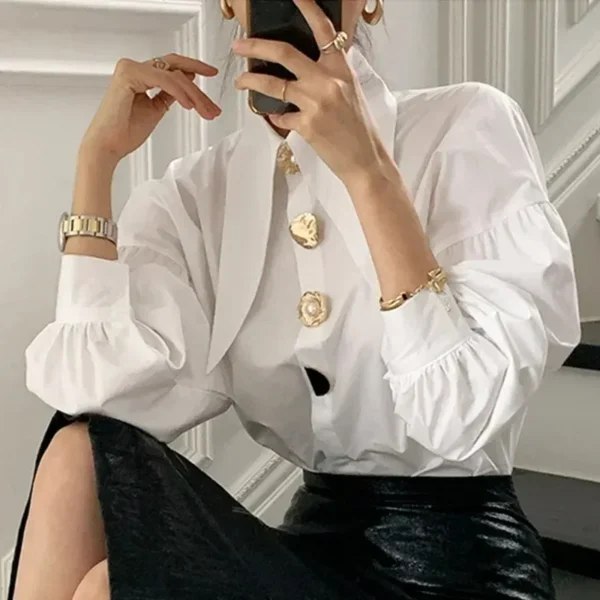 2024 Autumn Long Sleeve Women Shirt Fashion Spring Lanter Sleeve Cotton Blouses Office Lady Elegant Tops Casual Loose Clothing
