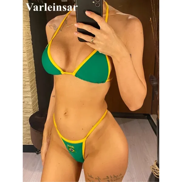 G-string Thong Brazilian Bikini Women Swimwear Female Swimsuit Two-pieces Bikini set Bather Brasil Flag Bathing Suit V6092