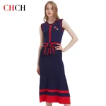 CHCH Women's Dress 2024 New Sleeveless Knitted Long Dress Simple navy blue Business Women's Wear