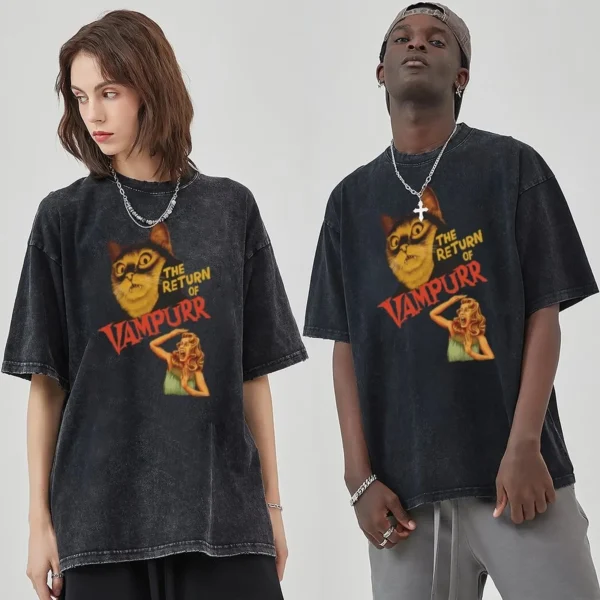 Anime Pussy Printed T Shirt Men Retro Washed 100% Cotton Tops Tees Harajuku Tshirt 2024 Streetwear Hip Hop Male T-shirts