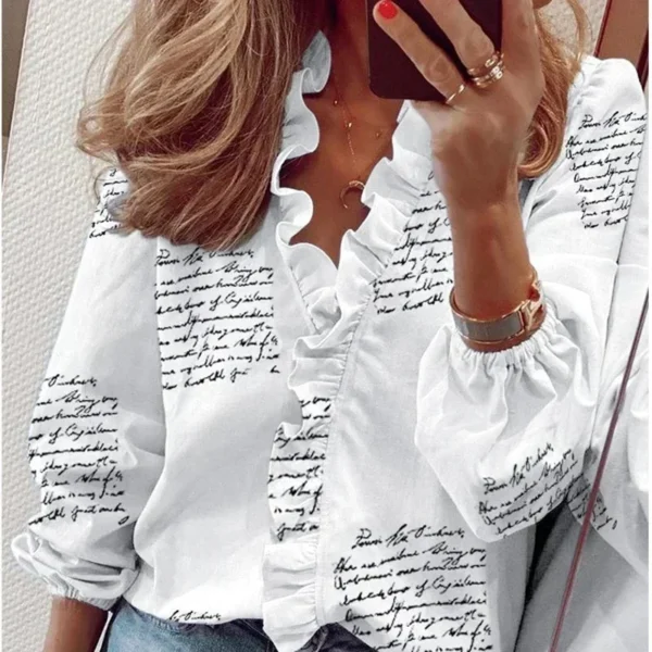 2024 Vintage Ruffles Women Blouses Autumn Long Sleeve Office Lady Elegant Tops Cotton Casual Tops V-neck Shirt Clothing